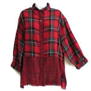 Umgee Shirt Contrasting Plaid Check Red Fringe Cotton S